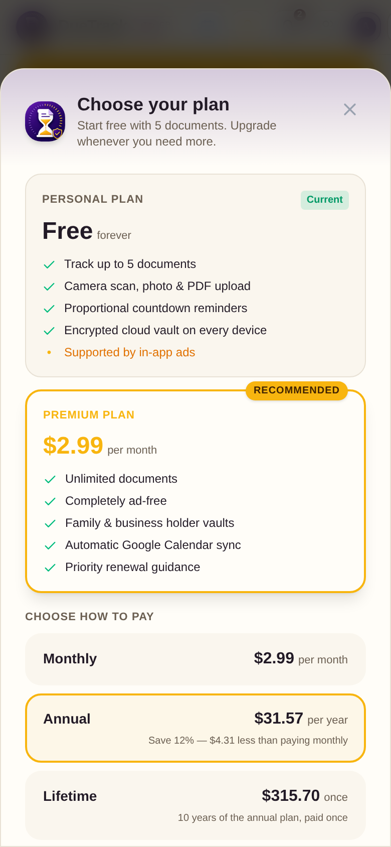 The plan chooser showing monthly, annual and lifetime pricing